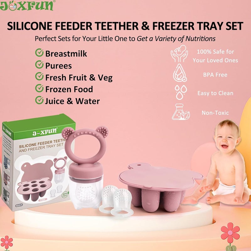 JEXFUN Silicone Baby Fruit Food Feeder & Mini Freezer Nibble Tray, Breastmilk Popsicle Molds for Baby Teething Relief, BPA Free Silicone Teething Toys Feeder for Safe Infant Self Feeding, Extra Food Pouches - Image 4